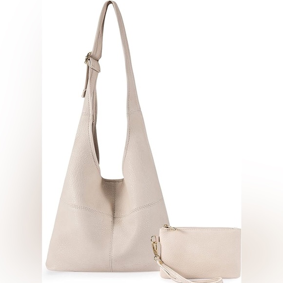 Handbags - BEIGE SUPER SOFT VEGAN LEATHER SHOULDER BAG AND COIN CLUTCH 2 PIECE SET
